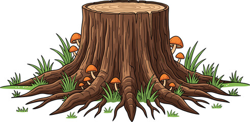 Rustic tree stump illustration featuring forest mushrooms and green grass isolated on white for nature and woodland designs.