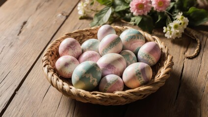 Pastel Easter Eggs in Woven Basket on Rustic Wooden Table.