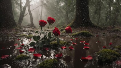 Red Roses in a Misty Forest - A Romantic and Eerie Scene.