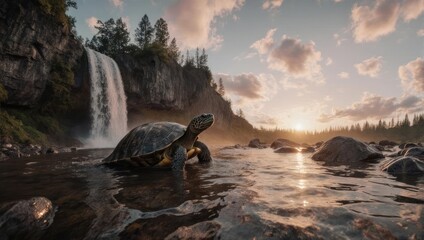 Turtles Journey - A Serene Waterfall Encounter at Sunset.