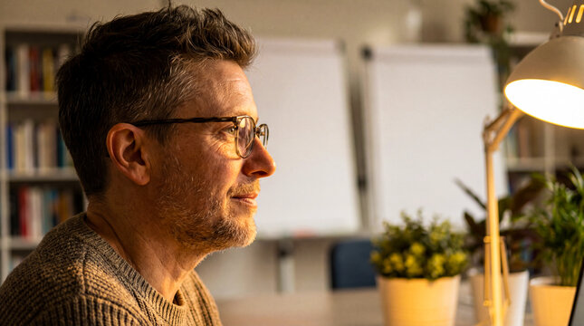 Profile of Mature Creative Professional with Glasses in Flow State at Cozy Home Office