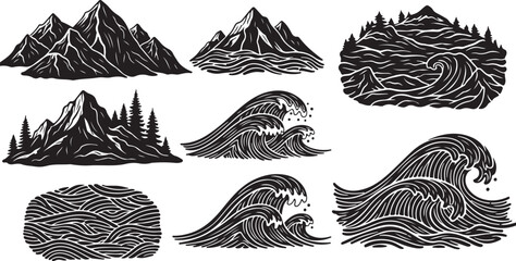 Black and white mountain and ocean wave illustrations