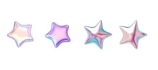 Obraz premium 3D Iridescent Holographic Star Shapes Set Isolated on Transparent Background