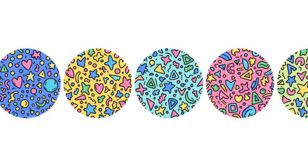 Five vibrant, circular patterns filled with hand-drawn geometric doodles (stars, hearts, triangles, dots), arranged horizontally on a transparent background. Festive celebration concept