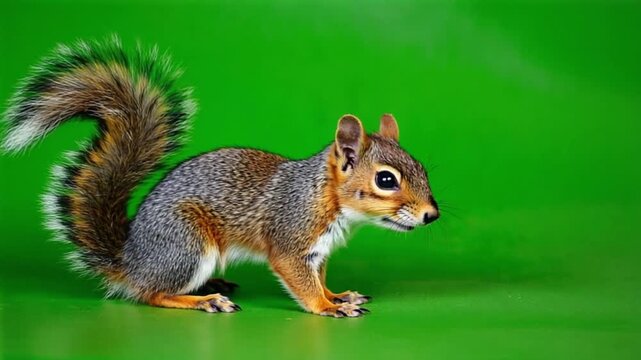 Cute squirrel standing on green background looking around curiously