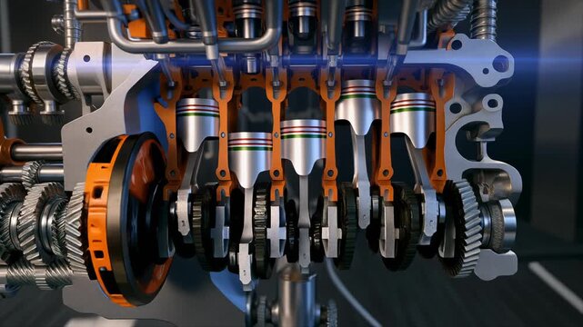 3D animation of an internal combustion engine mechanism in motion, rotating pistons, valves