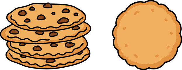 Stacked chocolate chip cookies and single golden round biscuit vector illustration isolated on white background for bakery cafe.