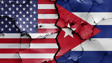 A cracked and distressed image showing the flags of the United States and Cuba, symbolizing a broken relationship or political tension.