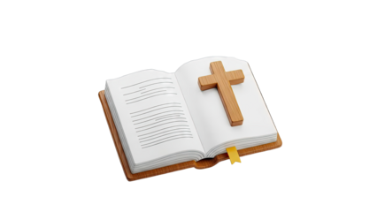 Open Bible with Wooden Cross and Yellow Bookmark