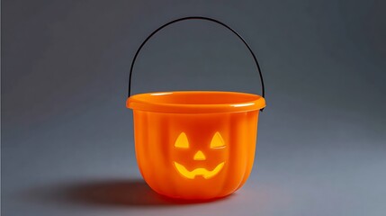 Bright orange plastic jack o lantern candy pail with a glowing carved face and black wire handle sits isolated against a dark gray studio background for halloween