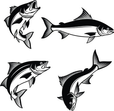 Black and white fish vector set featuring salmon and bass in jumping and swimming poses for fishing tournament logos.