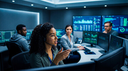 Female Cybersecurity Lead Coordinating Incident Response in Modern Network Operations Center (NOC)