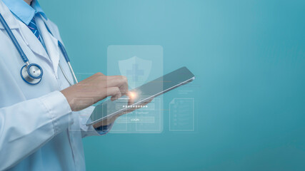 Female doctor using tablet with login shield icon, illustrating medical data security, cybersecurity, privacy protection and secure healthcare system access.