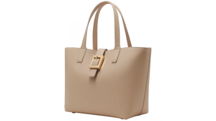 Beige leather handbag with gold buckle purse isolated on a transparent background