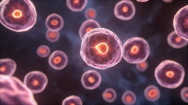 3D animation of embryonic stem cells under a microscope, soft glowing membranes, smooth cell