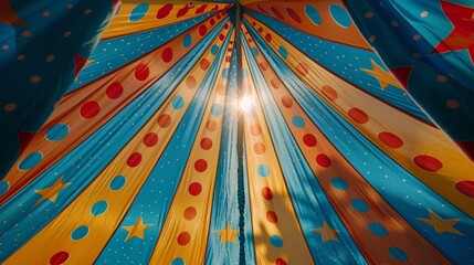 Bold patterns of stars polka dots and stripes adorn the fabric giving the tent a whimsical and playful feel.