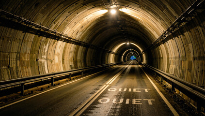 Empty Tunnel Roadway with Wet Surface and Lighting