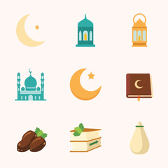 A collection of flat design icons representing Islamic culture and Ramadan traditions, featuring mosques, crescent moons, lanterns, and dates.