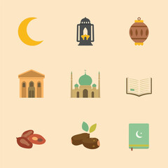 A collection of flat design icons representing various elements of Ramadan and Islamic culture, including mosques, lanterns, the moon, dates, and the Quran.