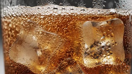 A refreshing closeup shot of a cold fizzy cola drink with ice cubes and abundant bubbles showcasing the effervescence and condensation on the glass perfect for illustrating cool beverages and summer . - Powered by Adobe