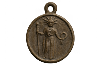 Ancient bronze medal depicting solar deity with staff and key