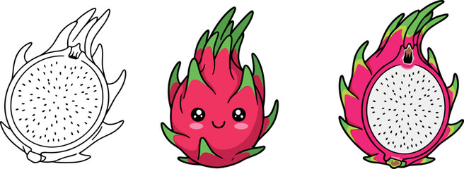 Tropical dragon fruit illustration set featuring a cute cartoon pitaya character and black and white line art for children's coloring and design.