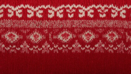 Red white knitted Fair Isle pattern close up winter texture background