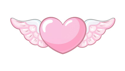 Stylized glossy pink heart with feathered wings, a vibrant cartoon illustration symbolizing love and romance. This charming graphic evokes sweet affection for uplifting art