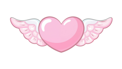 Stylized glossy pink heart with feathered wings, a vibrant cartoon illustration symbolizing love and romance. This charming graphic evokes sweet affection for uplifting art