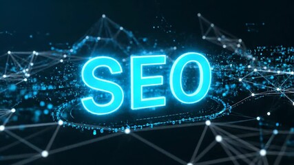 A futuristic abstract 3d rendering features the bright blue glowing seo text, symbolizing digital marketing and technological growth, connected to a digital network plexus on a dark background.