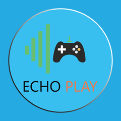 Echo Play Gaming Logo Design with Video Game Controller and Green Audio Waveform Icon on Blue Background