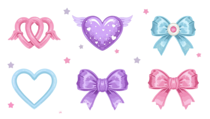 Whimsical pastel hearts, bows, and celestial stars in a charming digital illustration