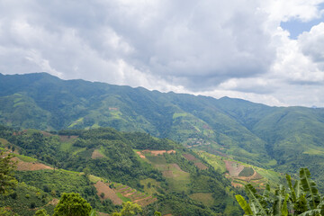 Fototapeta premium A sweeping view of green hills with terraced fields and scattered vegetation under a dramatic cloudy sky in the mountains of northern Vietnam. The landscape features layered textures, soft natural