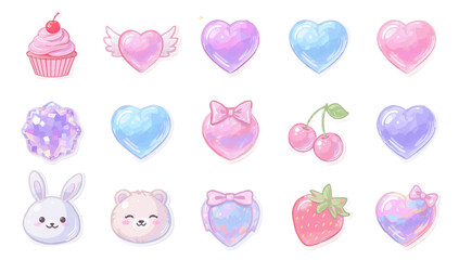 Obraz premium Adorable Pastel Pink and Blue Heart-Themed Stickers and Sweet Elements Collection with Glitter Accents, Perfect for Digital Scrapbooking, Invitations, and Kawaii-Inspired Designs
