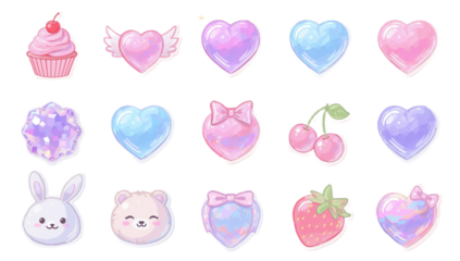 Adorable Pastel Pink and Blue Heart-Themed Stickers and Sweet Elements Collection with Glitter Accents, Perfect for Digital Scrapbooking, Invitations, and Kawaii-Inspired Designs