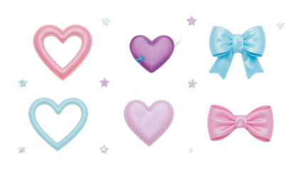 A whimsical collection of digitally illustrated pastel hearts and elegant bows, perfect as charming graphic elements for romantic themes and creative projects