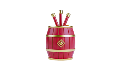 Red barrel pen holder with gold accents and pens