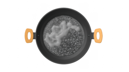 Black pot with boiling water and steam isolated on a transparent background