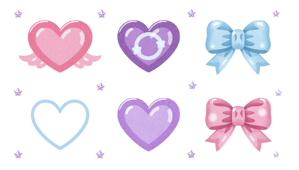 Charming digital illustration set featuring a delightful collection of pastel-colored hearts and elegant bows, perfect for sweet and romantic design projects