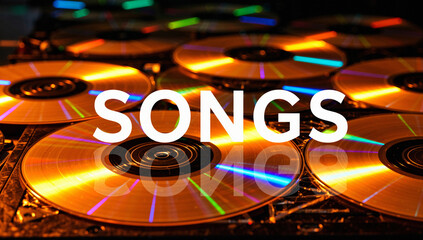 Close-Up of Golden CDs with Colorful Reflections and Text