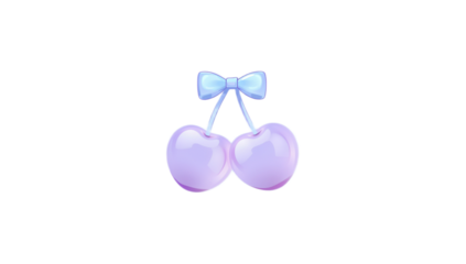 Soft Hued Pastel Purple Cherries Tied Together with a Whimsical Blue Bow, a Delightful and Dreamy Digital Art Piece
