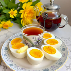 Healthy breakfast with hard boiled eggs and cup of herbal tea,Healthy snacking or breakfast concept with eggs, tea, and yellow daffodils