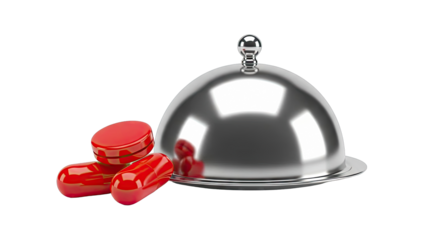 Red Pills Next to a Silver Serving Cloche