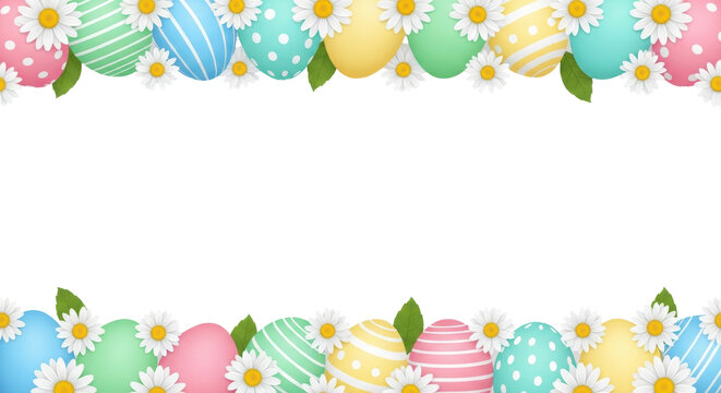 Vector illustration of colorful pastel easter eggs and fresh white daisy flowers forming decorative horizontal borders on a transparent background with large central copy space. Springtime holiday