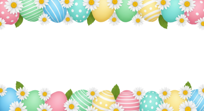Vector illustration of colorful pastel easter eggs and fresh white daisy flowers forming decorative horizontal borders on a transparent background with large central copy space. Springtime holiday - Powered by Adobe