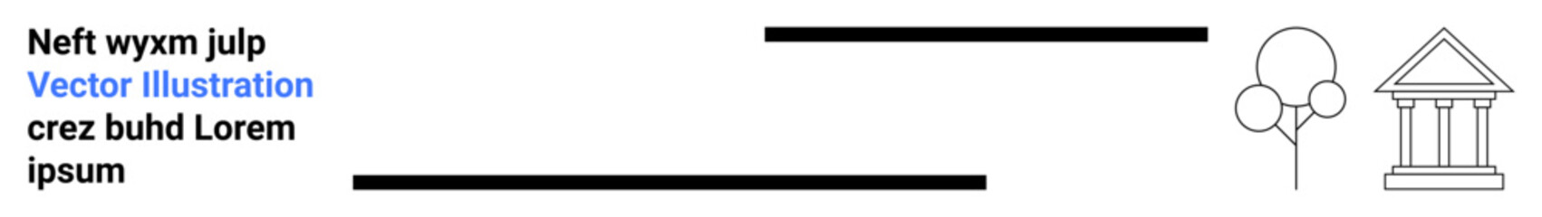 Obraz premium Graphic design, urban planning, architecture, education, art, creativity. Black lines, tree and a classical building outline. Graphic design and urban planning concept