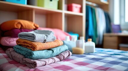 Graduation season theme, basketball and sports backpack placed on the stands beside the basketball court, graduation ribbons on the ground, background is gymnasium