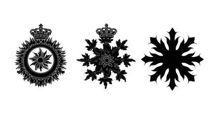 Three intricate decorative snowflake designs featuring crowns, suitable for winter-themed projects