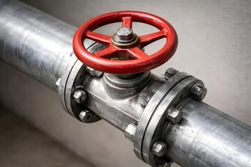 Industrial pipeline system with a vibrant red shut-off valve, highlighting critical infrastructure for controlling fluid or gas flow in commercial and utility operations