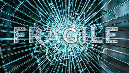 Shattered Glass with Fragile Text in Blue and White